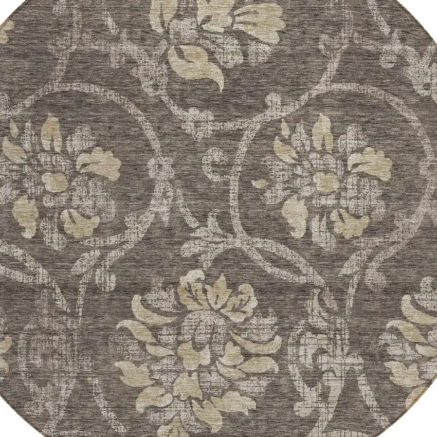 8' Brown Beige And Taupe Round Floral Washable Indoor Outdoor Area Rug Photo 4