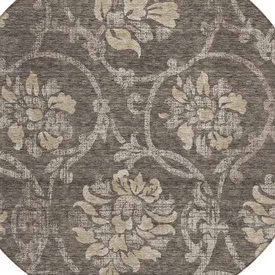 8' Brown Beige And Taupe Round Floral Washable Indoor Outdoor Area Rug Photo 4