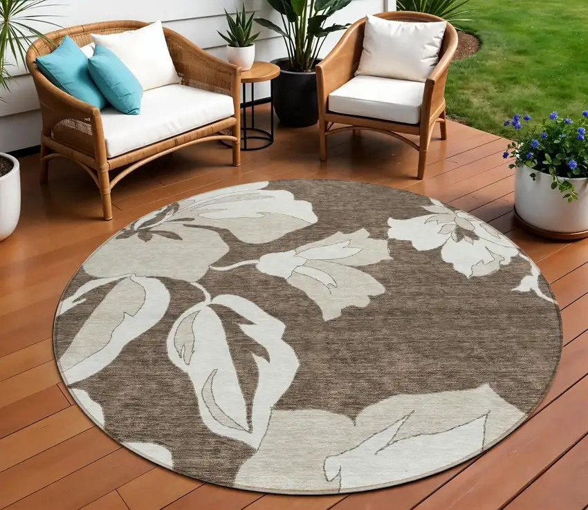 8' Brown Beige And Taupe Round Floral Washable Indoor Outdoor Area Rug Photo 1