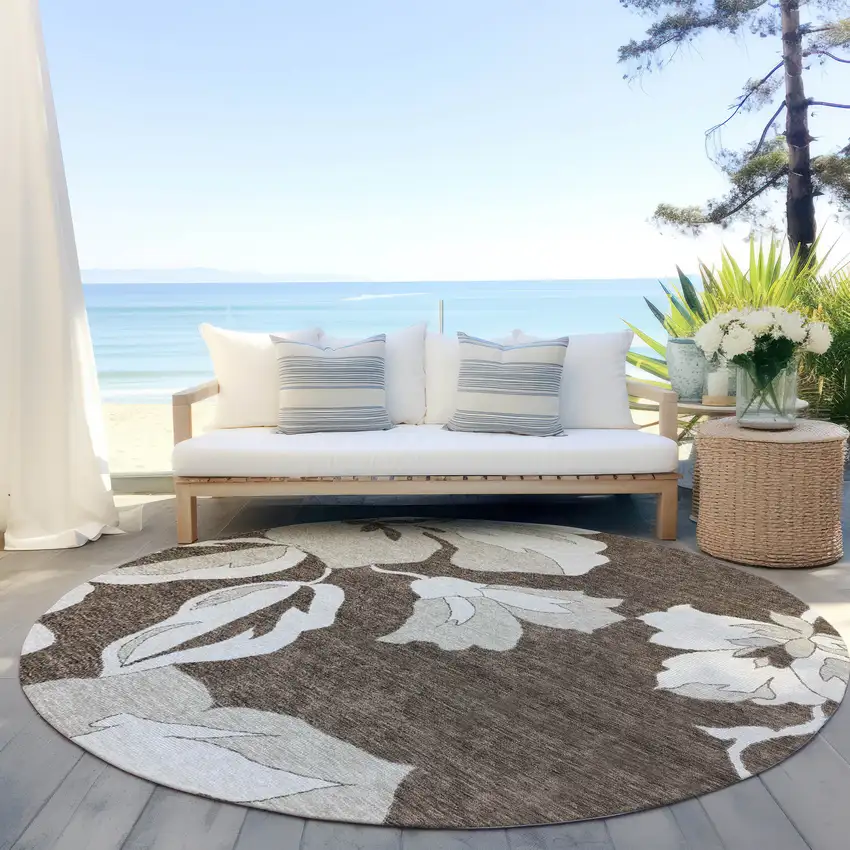 8' Brown Beige And Taupe Round Floral Washable Indoor Outdoor Area Rug Photo 7