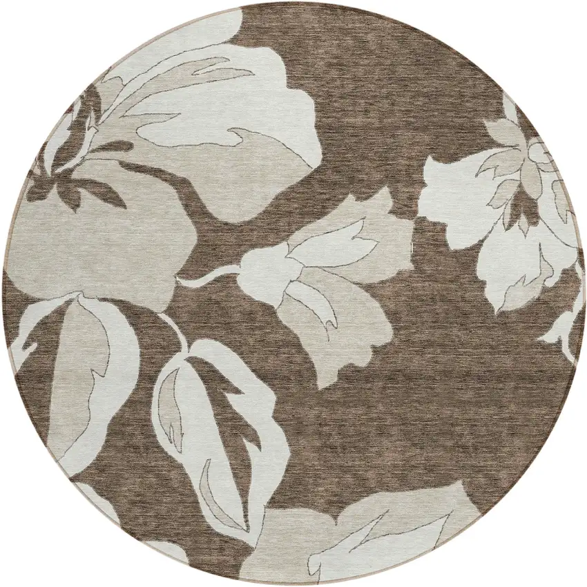 8' Brown Beige And Taupe Round Floral Washable Indoor Outdoor Area Rug Photo 2