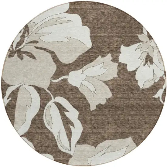 8' Brown Beige And Taupe Round Floral Washable Indoor Outdoor Area Rug Photo 2