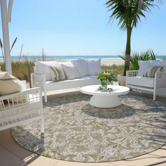 8' Brown Beige And Taupe Round Medallion Washable Indoor Outdoor Area Rug Photo 5
