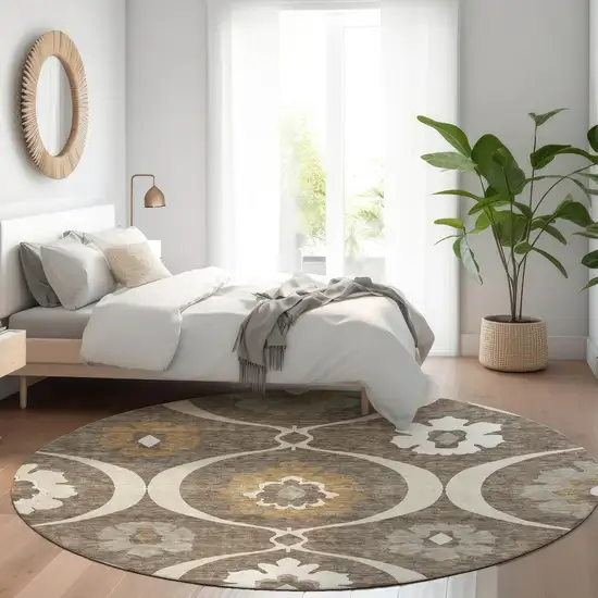 8' Brown Beige And Taupe Round Medallion Washable Indoor Outdoor Area Rug Photo 8