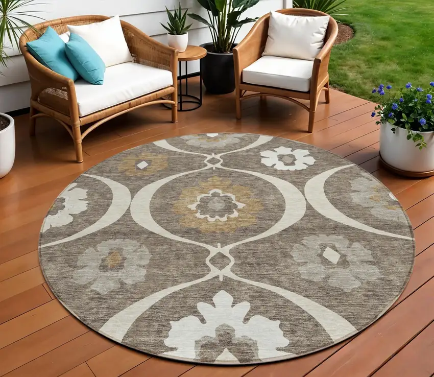 8' Brown Beige And Taupe Round Medallion Washable Indoor Outdoor Area Rug Photo 1