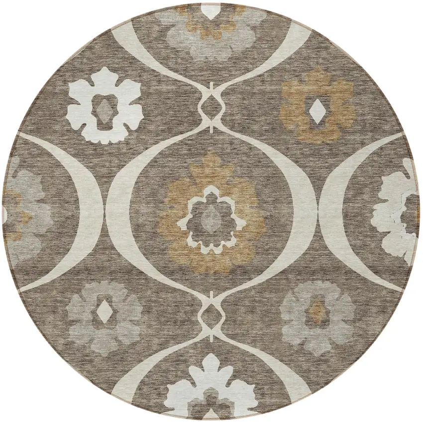 8' Brown Beige And Taupe Round Medallion Washable Indoor Outdoor Area Rug Photo 6