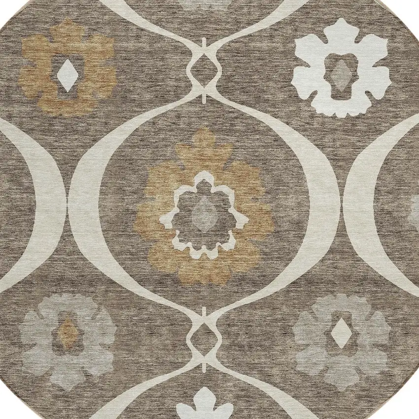 8' Brown Beige And Taupe Round Medallion Washable Indoor Outdoor Area Rug Photo 4