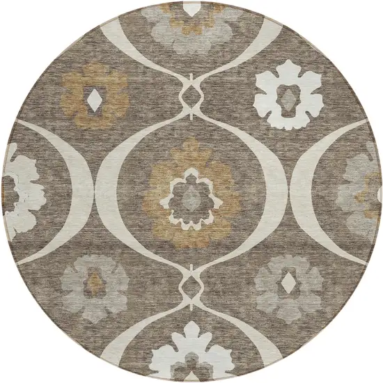8' Brown Beige And Taupe Round Medallion Washable Indoor Outdoor Area Rug Photo 2