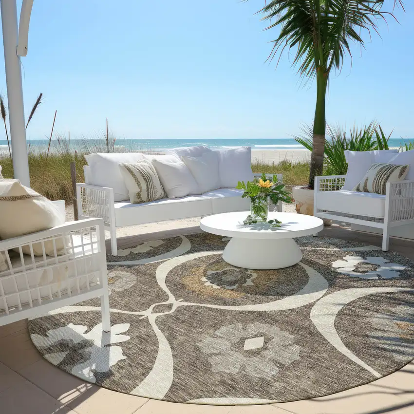 8' Brown Beige And Taupe Round Medallion Washable Indoor Outdoor Area Rug Photo 7