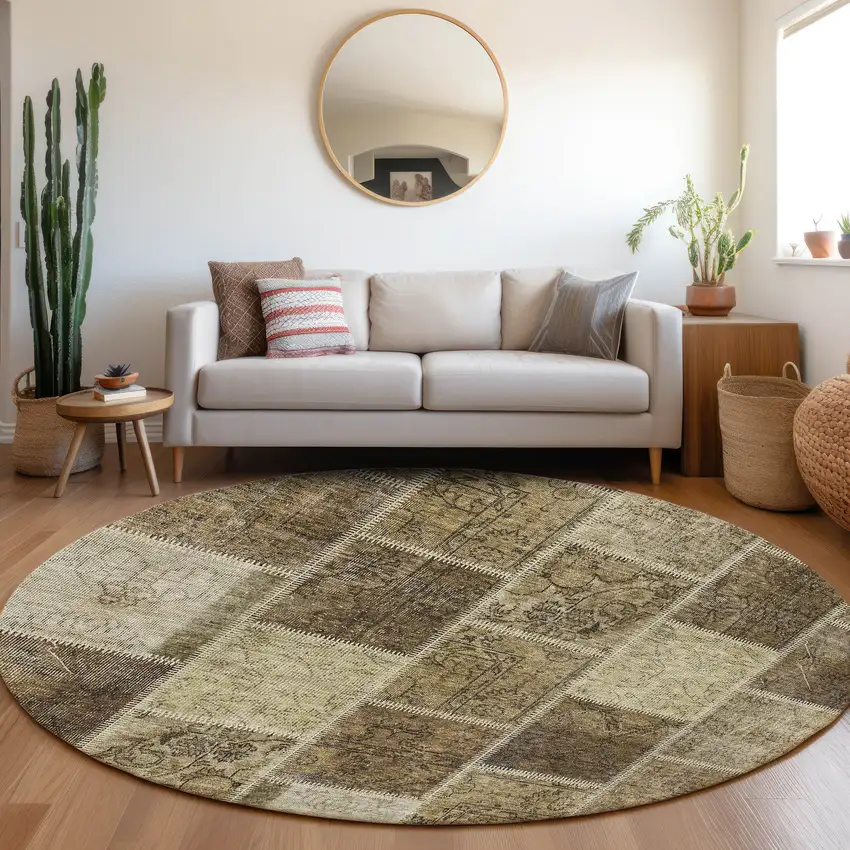 8' Brown Beige And Taupe Round Patchwork Washable Indoor Outdoor Area Rug Photo 7
