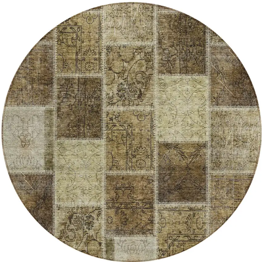 8' Brown Beige And Taupe Round Patchwork Washable Indoor Outdoor Area Rug Photo 5