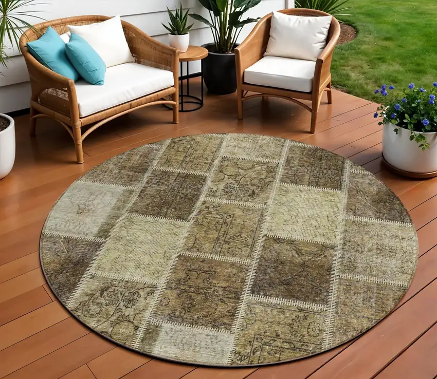 8' Brown Beige And Taupe Round Patchwork Washable Indoor Outdoor Area Rug Photo 1