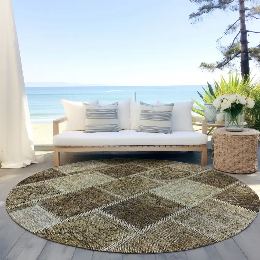8' Brown Beige And Taupe Round Patchwork Washable Indoor Outdoor Area Rug Photo 6