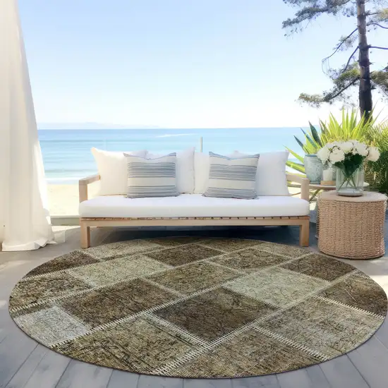8' Brown Beige And Taupe Round Patchwork Washable Indoor Outdoor Area Rug Photo 6
