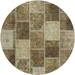 Photo of 8' Brown Beige And Taupe Round Patchwork Washable Indoor Outdoor Area Rug