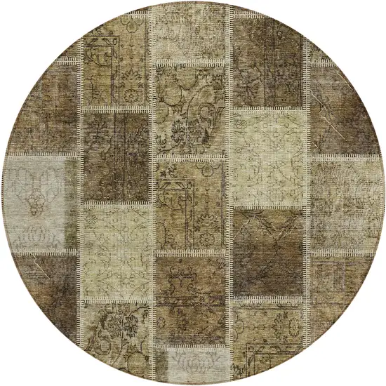 8' Brown Beige And Taupe Round Patchwork Washable Indoor Outdoor Area Rug Photo 1