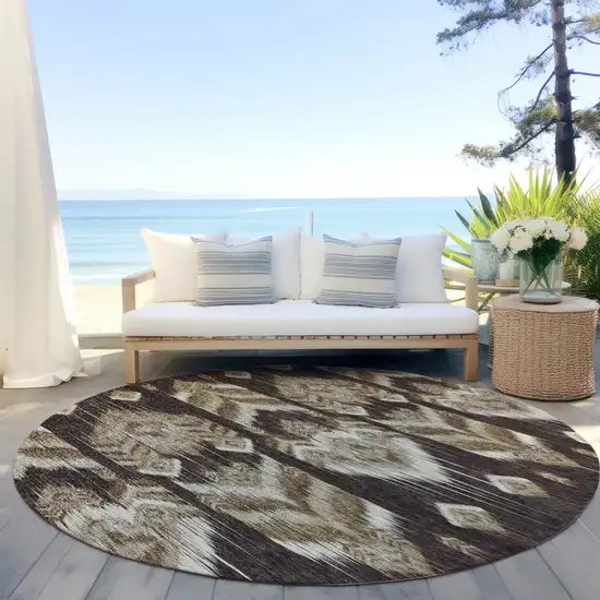 8' Brown Beige And Taupe Round Southwestern Washable Indoor Outdoor Area Rug Photo 6