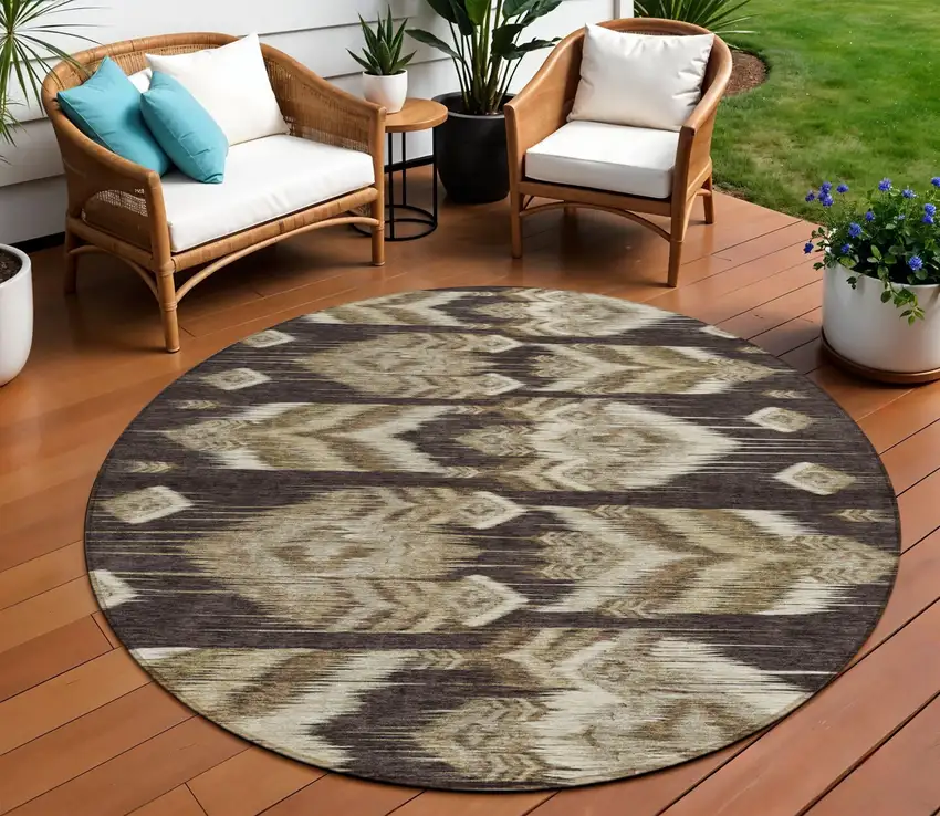 8' Brown Beige And Taupe Round Southwestern Washable Indoor Outdoor Area Rug Photo 1