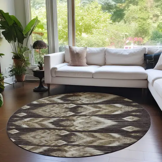 8' Brown Beige And Taupe Round Southwestern Washable Indoor Outdoor Area Rug Photo 7