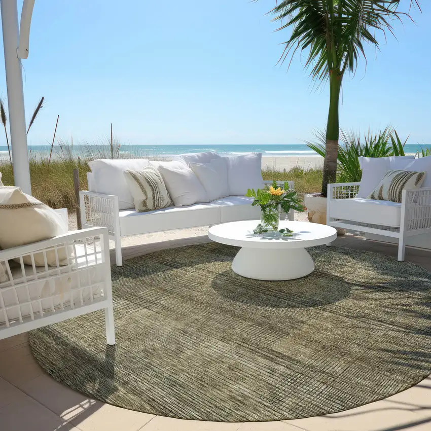 8' Brown Beige And Taupe Round Striped Washable Indoor Outdoor Area Rug Photo 6