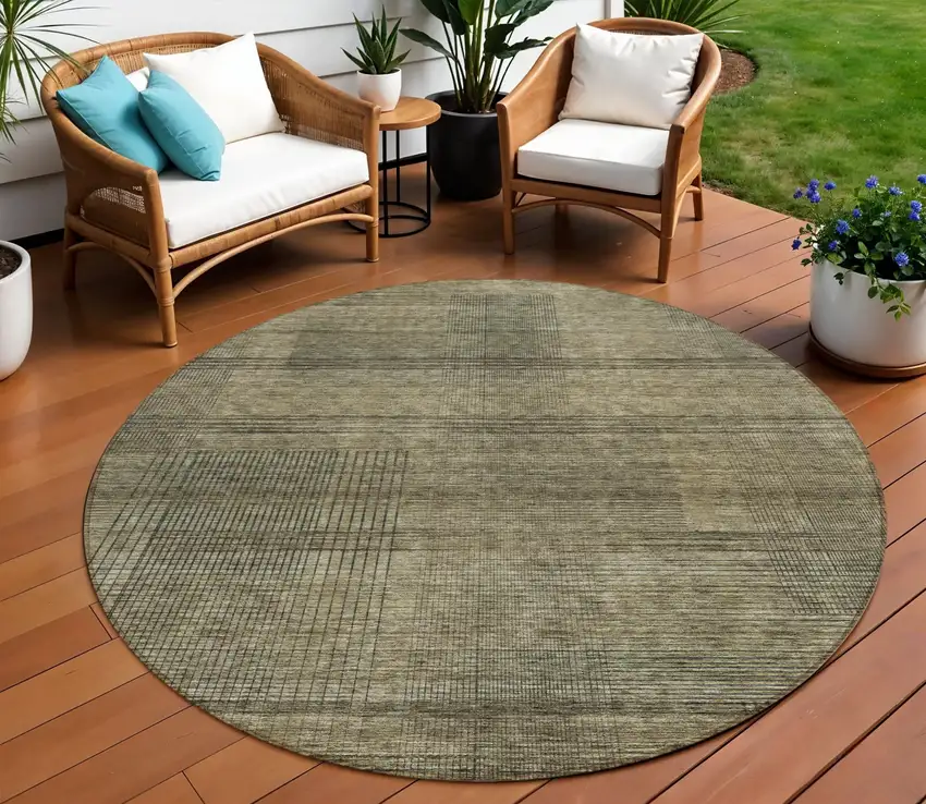 8' Brown Beige And Taupe Round Striped Washable Indoor Outdoor Area Rug Photo 1