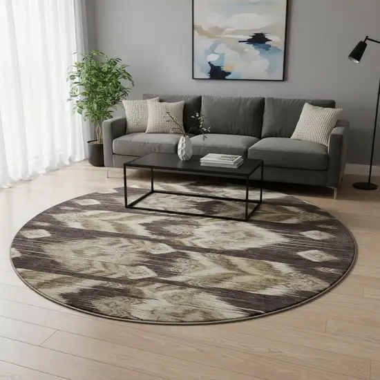 8' Brown Beige And Taupe Southwestern Washable Round Rug With UV Protection Photo 2
