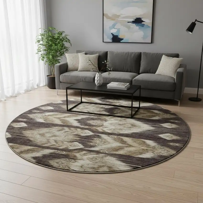 8' Brown Beige And Taupe Southwestern Washable Round Rug With UV Protection Photo 2