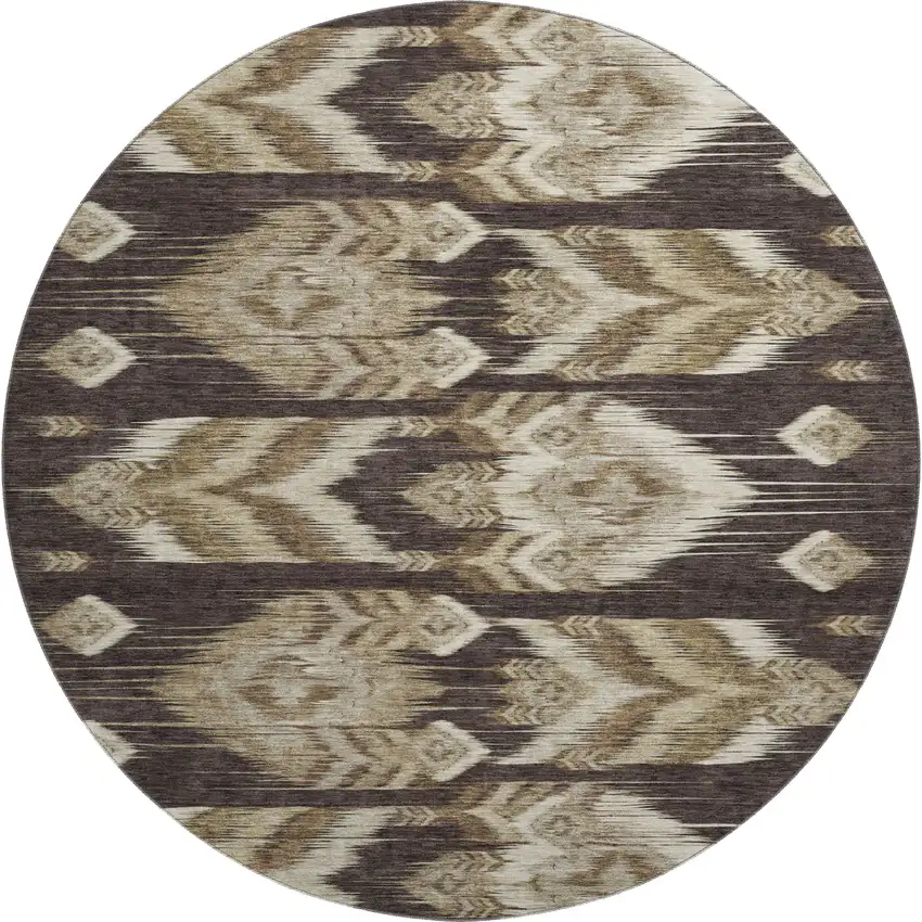 8' Brown Beige And Taupe Southwestern Washable Round Rug With UV Protection Photo 1