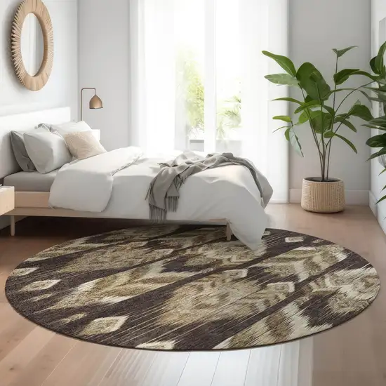 8' Brown Beige And Taupe Southwestern Washable Round Rug With UV Protection Photo 5
