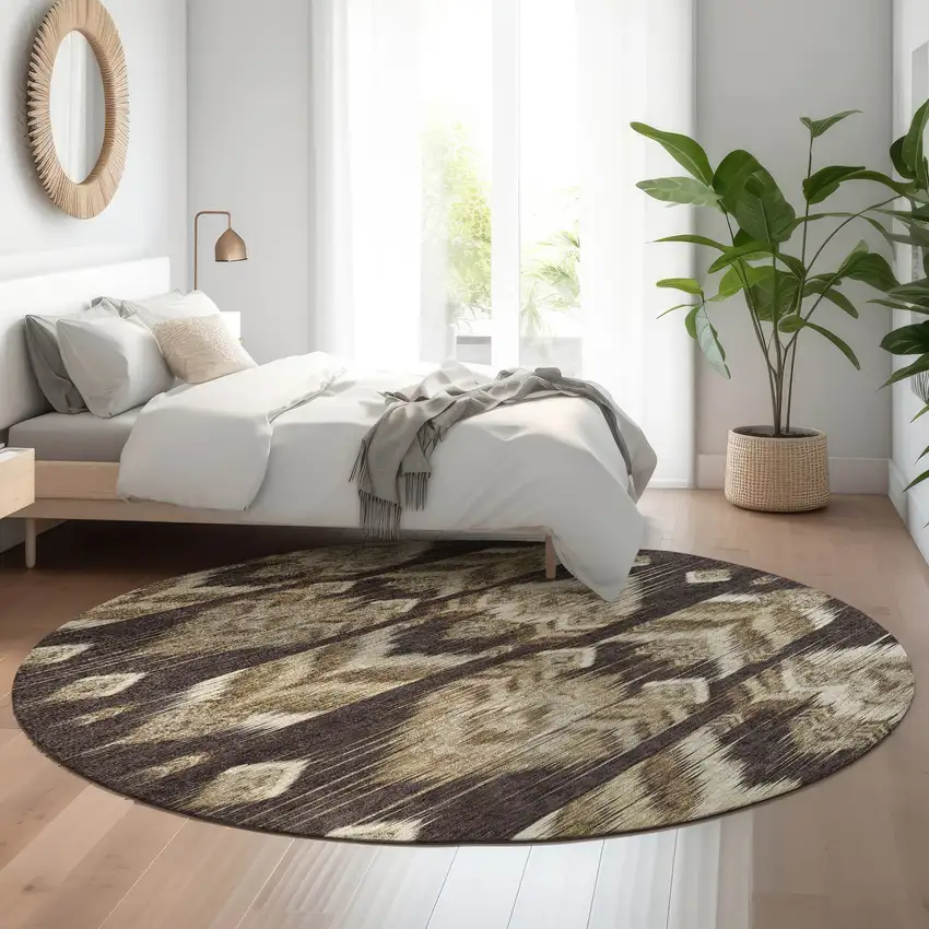 8' Brown Beige And Taupe Southwestern Washable Round Rug With UV Protection Photo 5