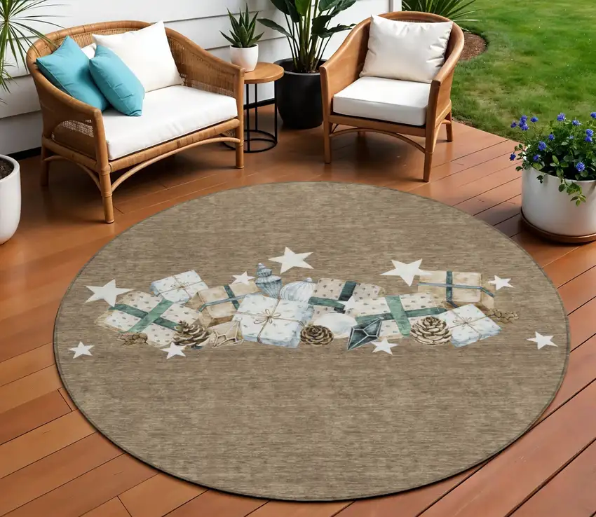 8' Brown Beige Ivory And Taupe Round Presents Washable Indoor Outdoor Area Rug Photo 1