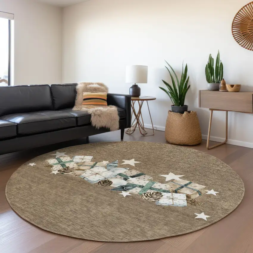 8' Brown Beige Ivory And Taupe Round Geometric Washable Indoor Outdoor Area Rug Photo 7