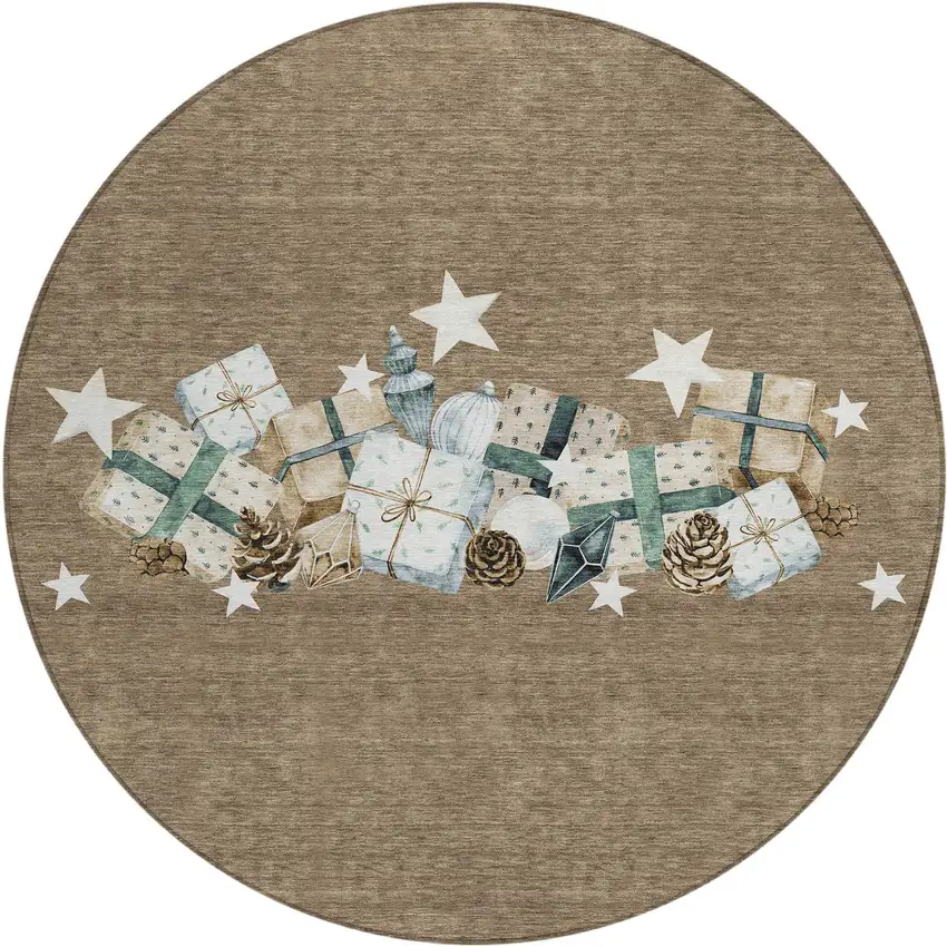 8' Brown Beige Ivory And Taupe Round Presents Washable Indoor Outdoor Area Rug Photo 2