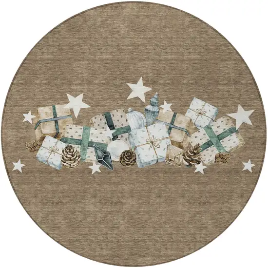 8' Brown Beige Ivory And Taupe Round Geometric Washable Indoor Outdoor Area Rug Photo 3