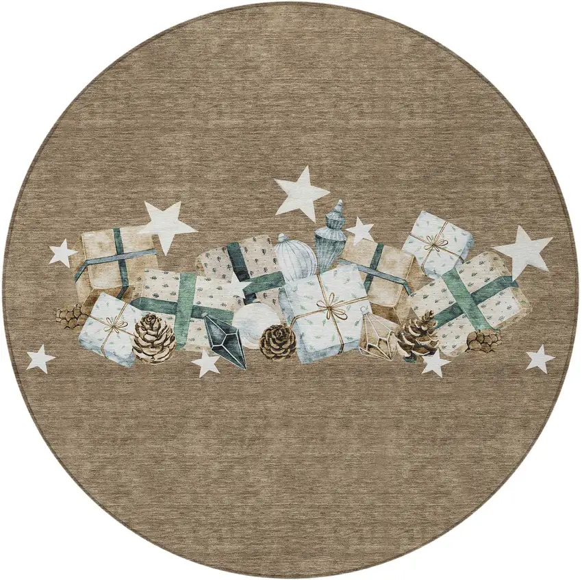 8' Brown Beige Ivory And Taupe Round Geometric Washable Indoor Outdoor Area Rug Photo 3