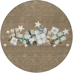 Photo of 8' Brown Beige Ivory And Taupe Round Geometric Washable Indoor Outdoor Area Rug