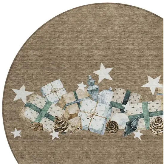 8' Brown Beige Ivory And Taupe Round Geometric Washable Indoor Outdoor Area Rug Photo 4