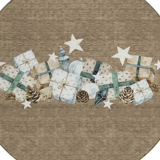 8' Brown Beige Ivory And Taupe Round Geometric Washable Indoor Outdoor Area Rug Photo 9