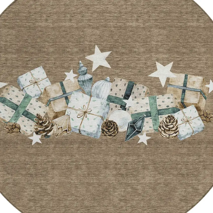 8' Brown Beige Ivory And Taupe Round Geometric Washable Indoor Outdoor Area Rug Photo 9