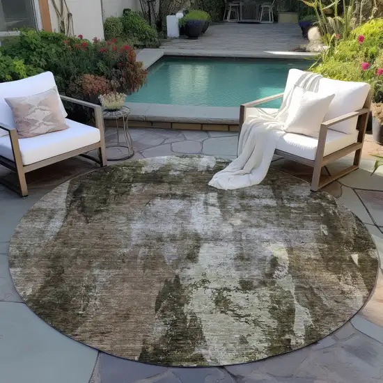8' Brown Black And Beige Round Abstract Washable Indoor Outdoor Area Rug Photo 7