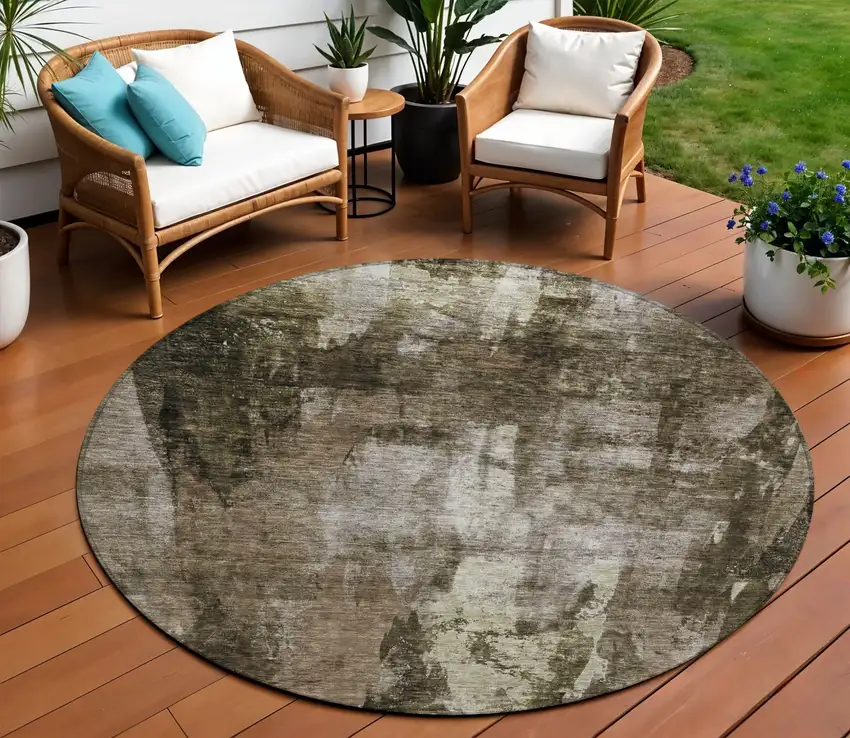 8' Brown Black And Beige Round Abstract Washable Indoor Outdoor Area Rug Photo 1