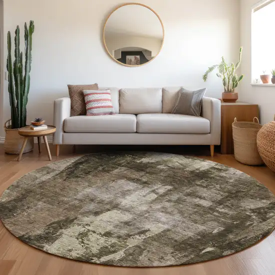8' Brown Black And Beige Round Abstract Washable Indoor Outdoor Area Rug Photo 8