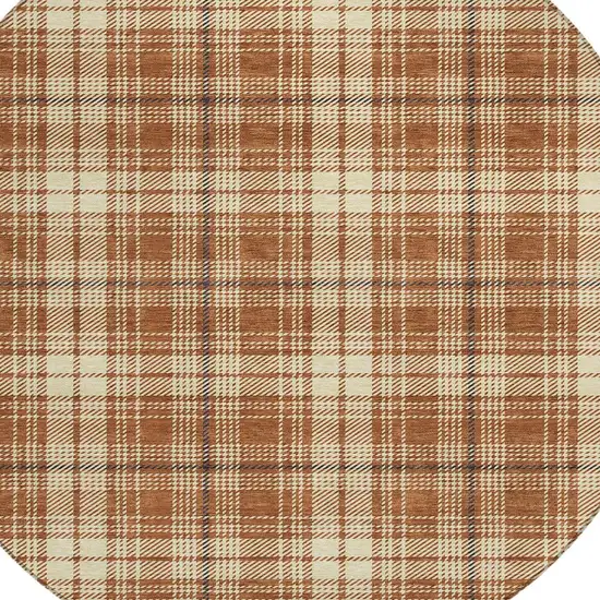 8' Brown Black And Beige Round Plaid Washable Indoor Outdoor Area Rug Photo 5
