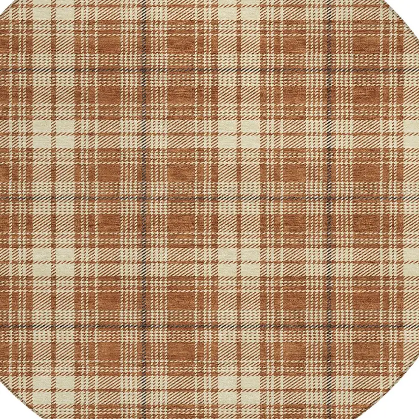 8' Brown Black And Beige Round Plaid Washable Indoor Outdoor Area Rug Photo 5