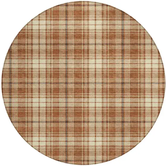 8' Brown Black And Beige Round Plaid Washable Indoor Outdoor Area Rug Photo 6