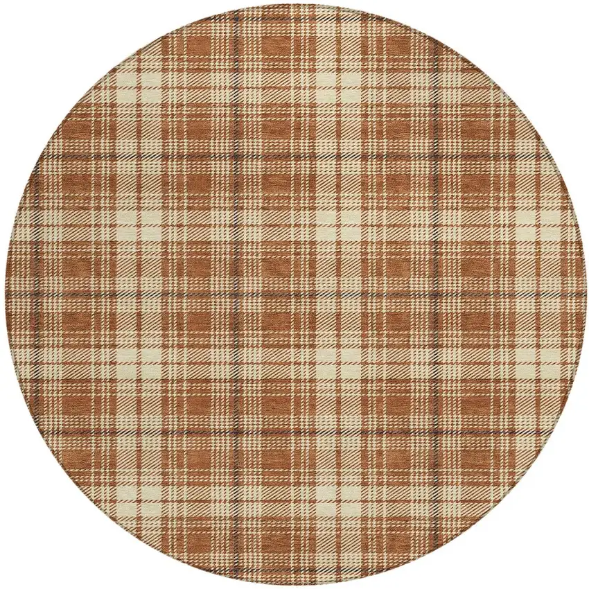 8' Brown Black And Beige Round Plaid Washable Indoor Outdoor Area Rug Photo 6