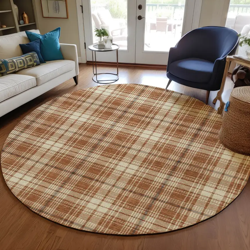 8' Brown Black And Beige Round Plaid Washable Indoor Outdoor Area Rug Photo 8