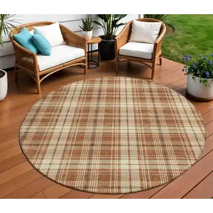 Photo of 8' Brown Black And Beige Round Plaid Washable Indoor Outdoor Area Rug