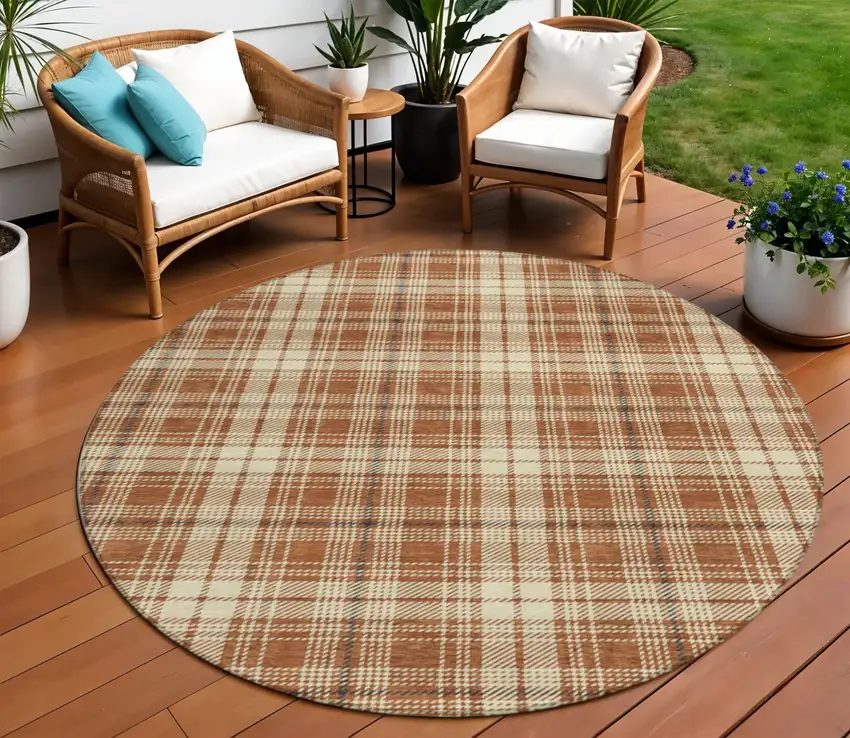 8' Brown Black And Beige Round Plaid Washable Indoor Outdoor Area Rug Photo 1