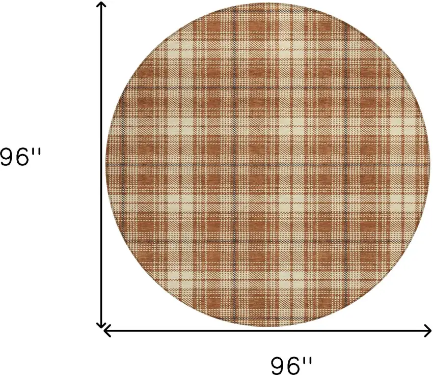 8' Brown Black And Beige Round Plaid Washable Indoor Outdoor Area Rug Photo 3